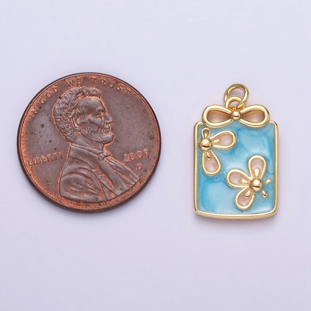 16K Gold plated Flower White, Blue, Pink Sparkly Enamel Ribbon Bow Rectangular Charm in Gold & Silver | AC1344 - AC1349