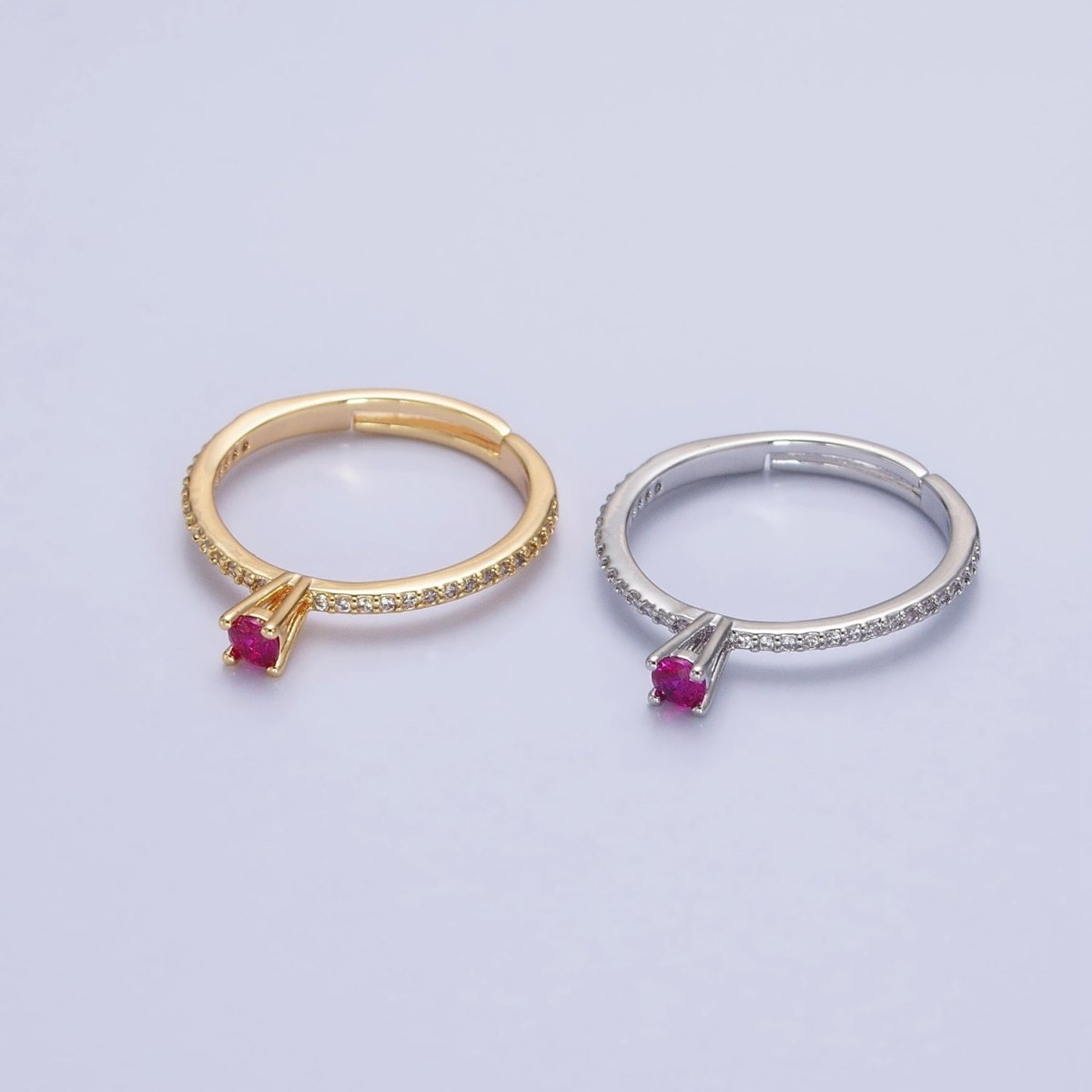 16K Gold plated Fuchsia CZ Solitaire Micro Paved Adjustable Ring in Gold & Silver | O-1928 O-1929