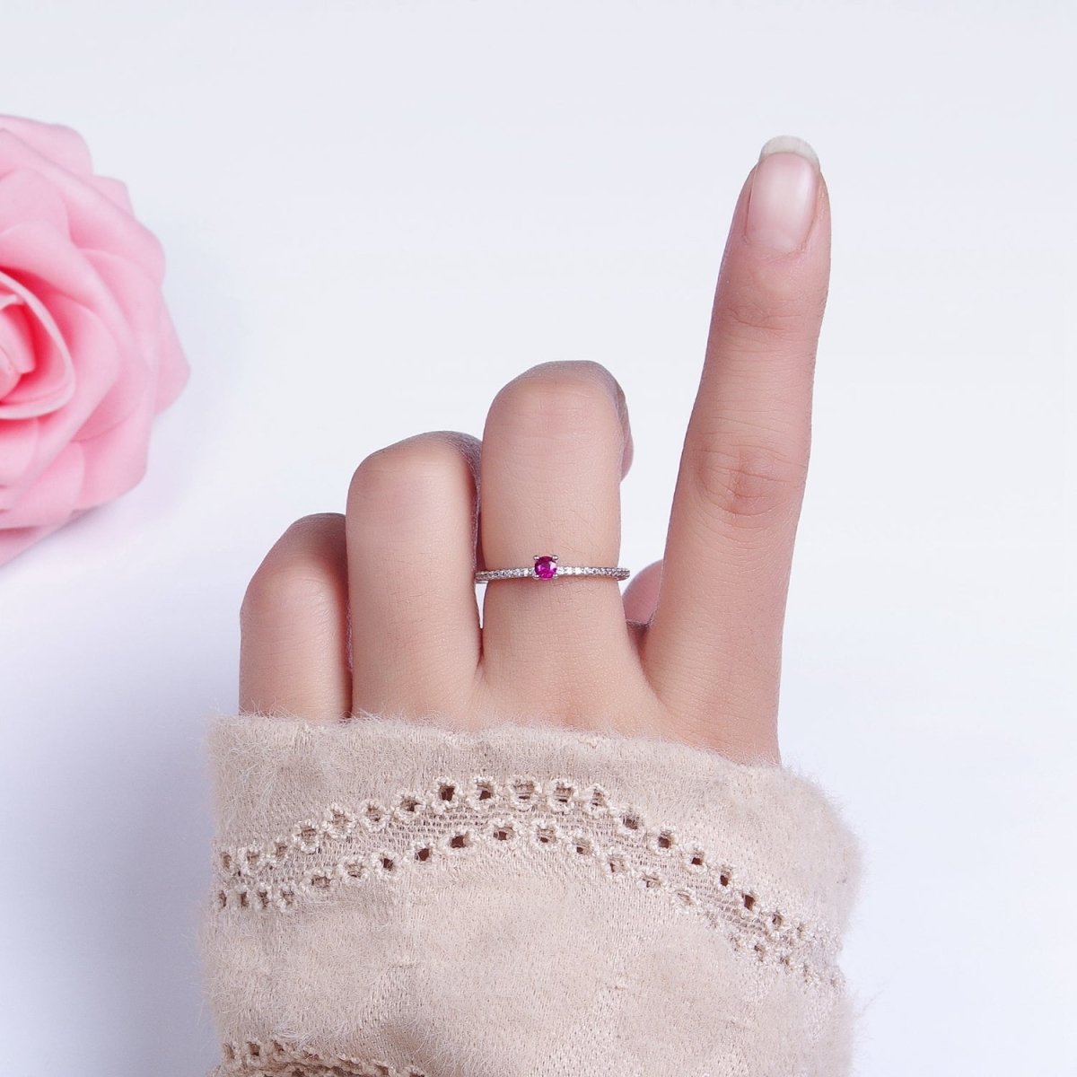 16K Gold plated Fuchsia CZ Solitaire Micro Paved Adjustable Ring in Gold & Silver | O-1928 O-1929
