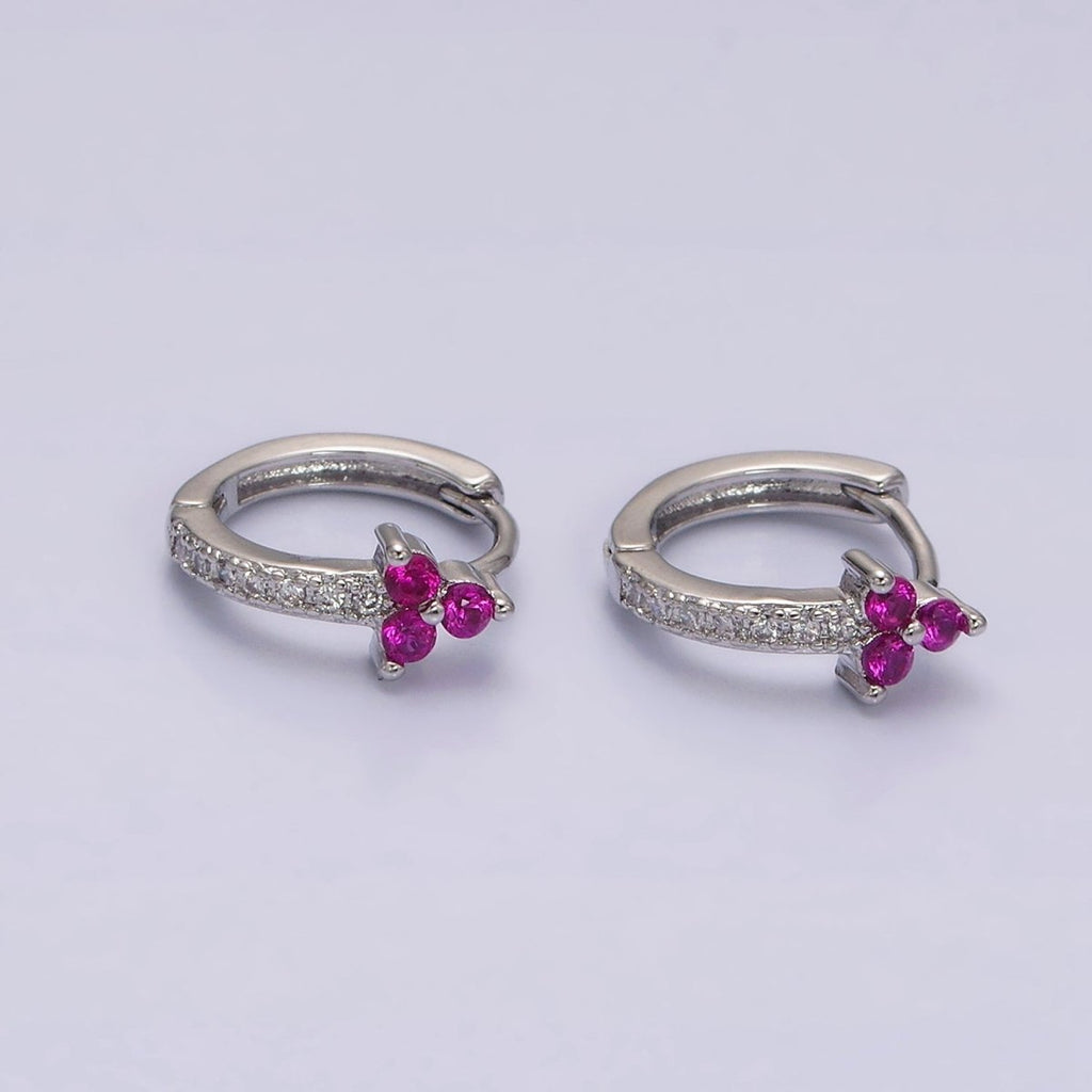16K Gold plated Fuchsia CZ Triple Flower Arrow Lined 11mm Cartilage Huggie Earrings in Silver & Gold | Y-877 AD-1285 - DLUXCA