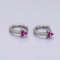 16K Gold plated Fuchsia CZ Triple Flower Arrow Lined 11mm Cartilage Huggie Earrings in Silver & Gold | Y-877 AD-1285 - DLUXCA