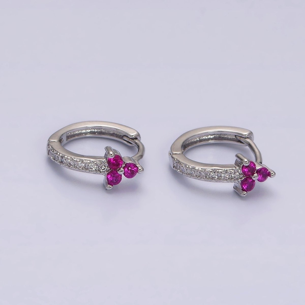 16K Gold plated Fuchsia CZ Triple Flower Arrow Lined 11mm Cartilage Huggie Earrings in Silver & Gold | Y-877 AD-1285 - DLUXCA