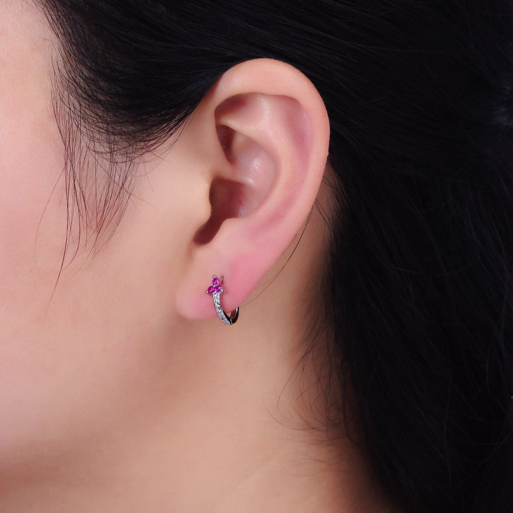 16K Gold plated Fuchsia CZ Triple Flower Arrow Lined 11mm Cartilage Huggie Earrings in Silver & Gold | Y-877 AD-1285 - DLUXCA
