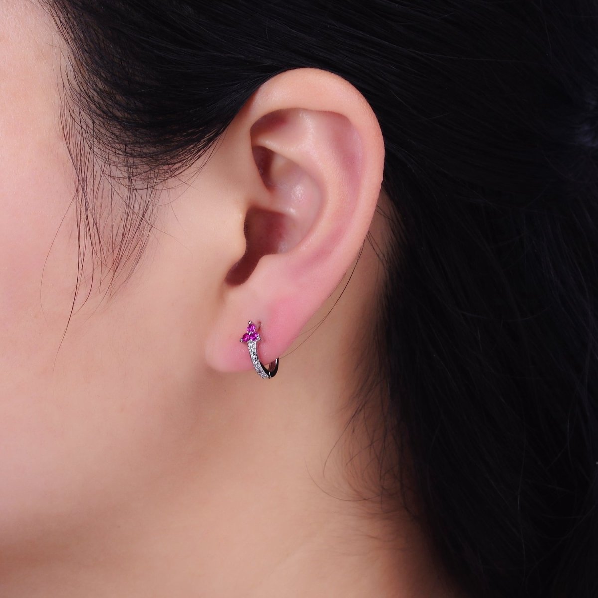 16K Gold plated Fuchsia CZ Triple Flower Arrow Lined 11mm Cartilage Huggie Earrings in Silver & Gold | Y-877 AD-1285 - DLUXCA