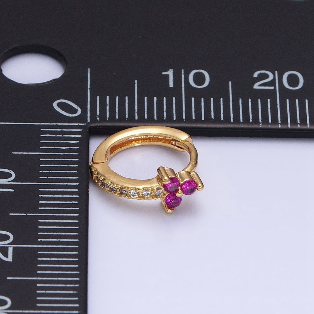 16K Gold plated Fuchsia CZ Triple Flower Arrow Lined 11mm Cartilage Huggie Earrings in Silver & Gold | Y-877 AD-1285 - DLUXCA