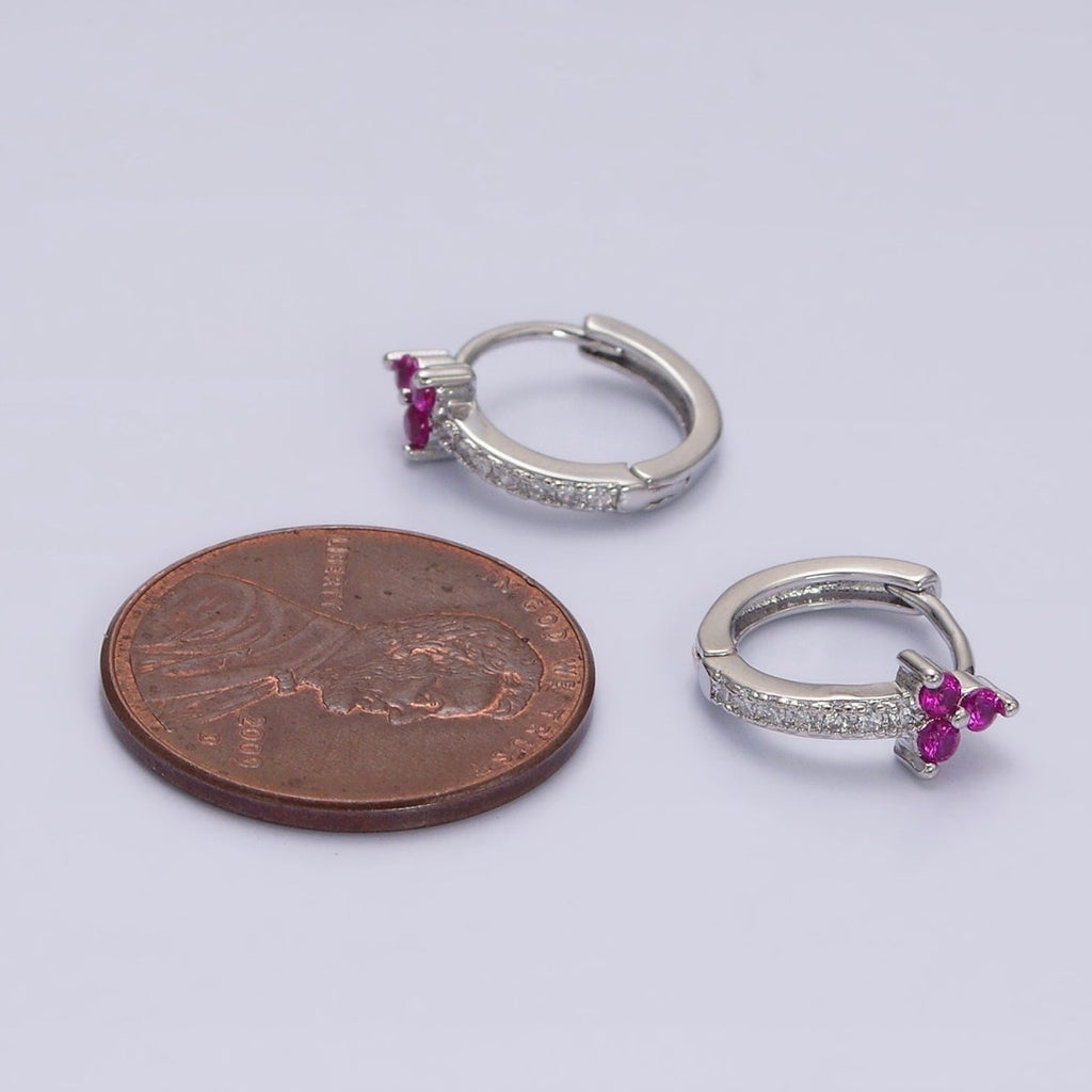 16K Gold plated Fuchsia CZ Triple Flower Arrow Lined 11mm Cartilage Huggie Earrings in Silver & Gold | Y-877 AD-1285 - DLUXCA