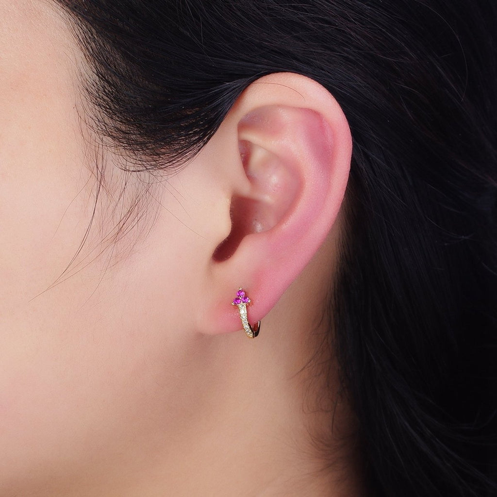 16K Gold plated Fuchsia CZ Triple Flower Arrow Lined 11mm Cartilage Huggie Earrings in Silver & Gold | Y-877 AD-1285 - DLUXCA
