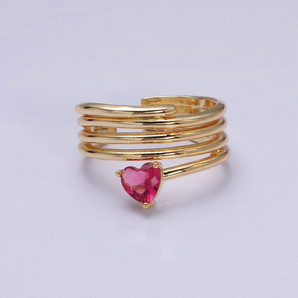 16K Gold plated Fuchsia Heart Multiple Band Statement Ring in Gold & Silver | O-1607 O-1608