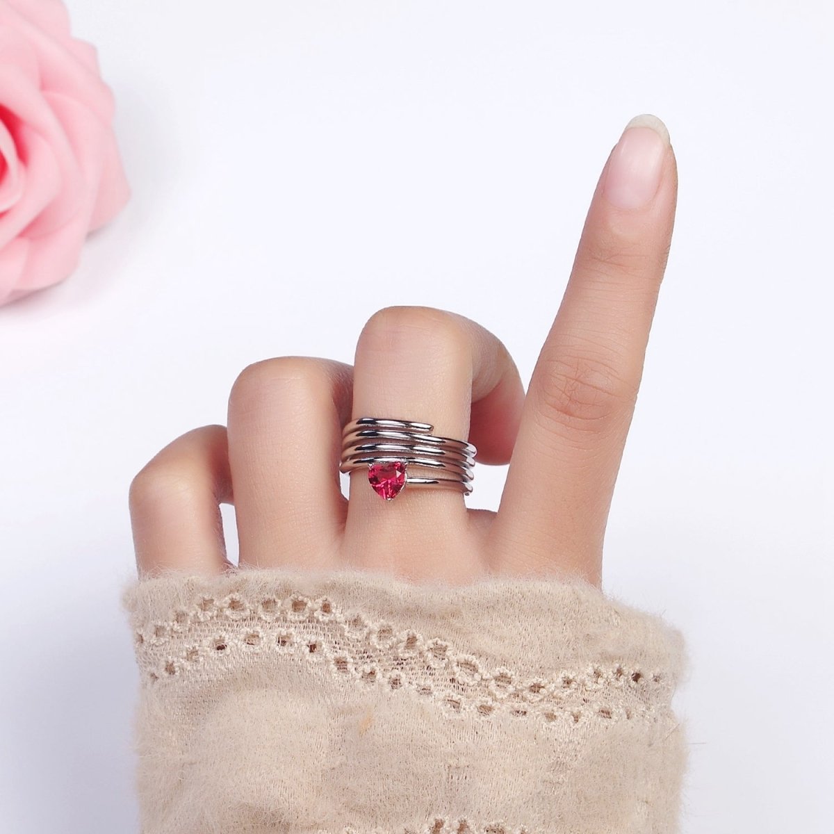 16K Gold plated Fuchsia Heart Multiple Band Statement Ring in Gold & Silver | O-1607 O-1608