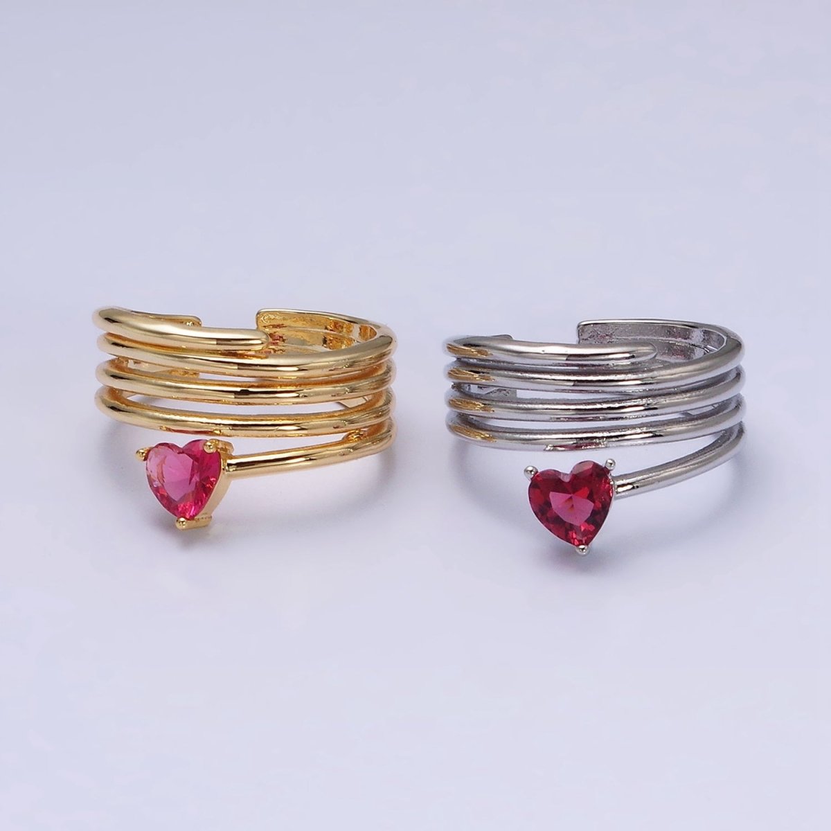 16K Gold plated Fuchsia Heart Multiple Band Statement Ring in Gold & Silver | O-1607 O-1608