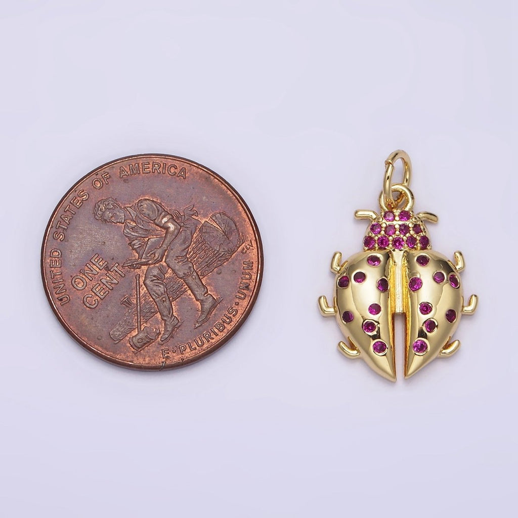 16K Gold plated Fuchsia Micro Paved CZ Ladybug Beetle Insect Charm | N979 - DLUXCA