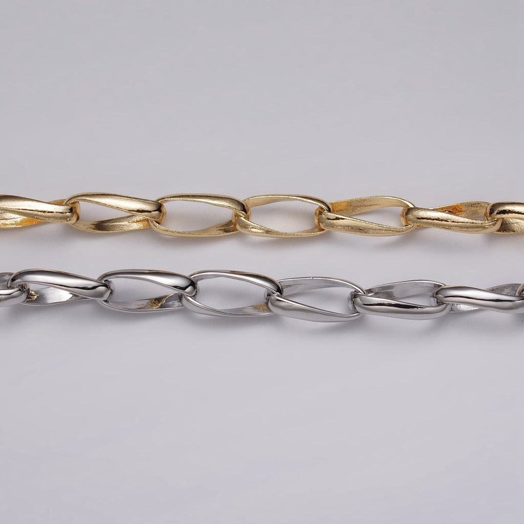 16k Gold plated Geometric Twist Curved PaperClip Unfinished Chain by Yard in Gold & Silver | ROLL-1169 ROLL-1170 Clearance Pricing - DLUXCA