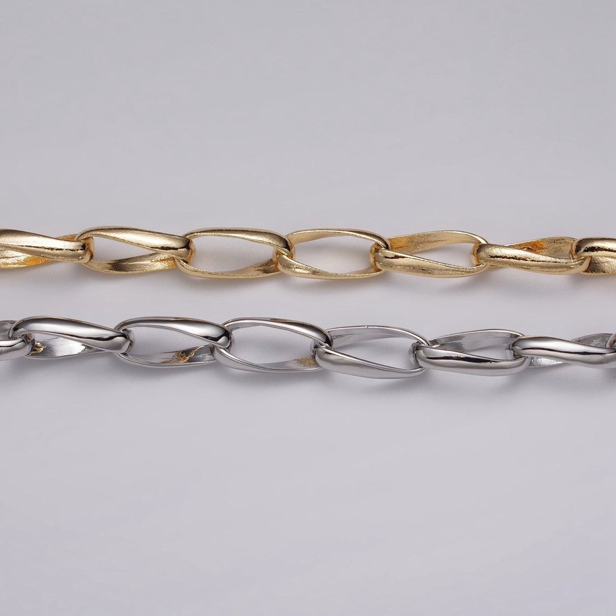 16k Gold plated Geometric Twist Curved PaperClip Unfinished Chain by Yard in Gold & Silver | ROLL-1169 ROLL-1170 Clearance Pricing - DLUXCA