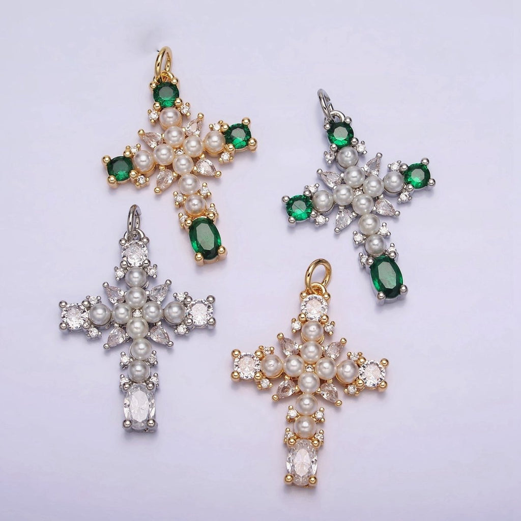 16K Gold plated Green, Clear CZ Pearl Teardrop Religious Cross Charm in Gold & Silver | AC1416 - AC1419