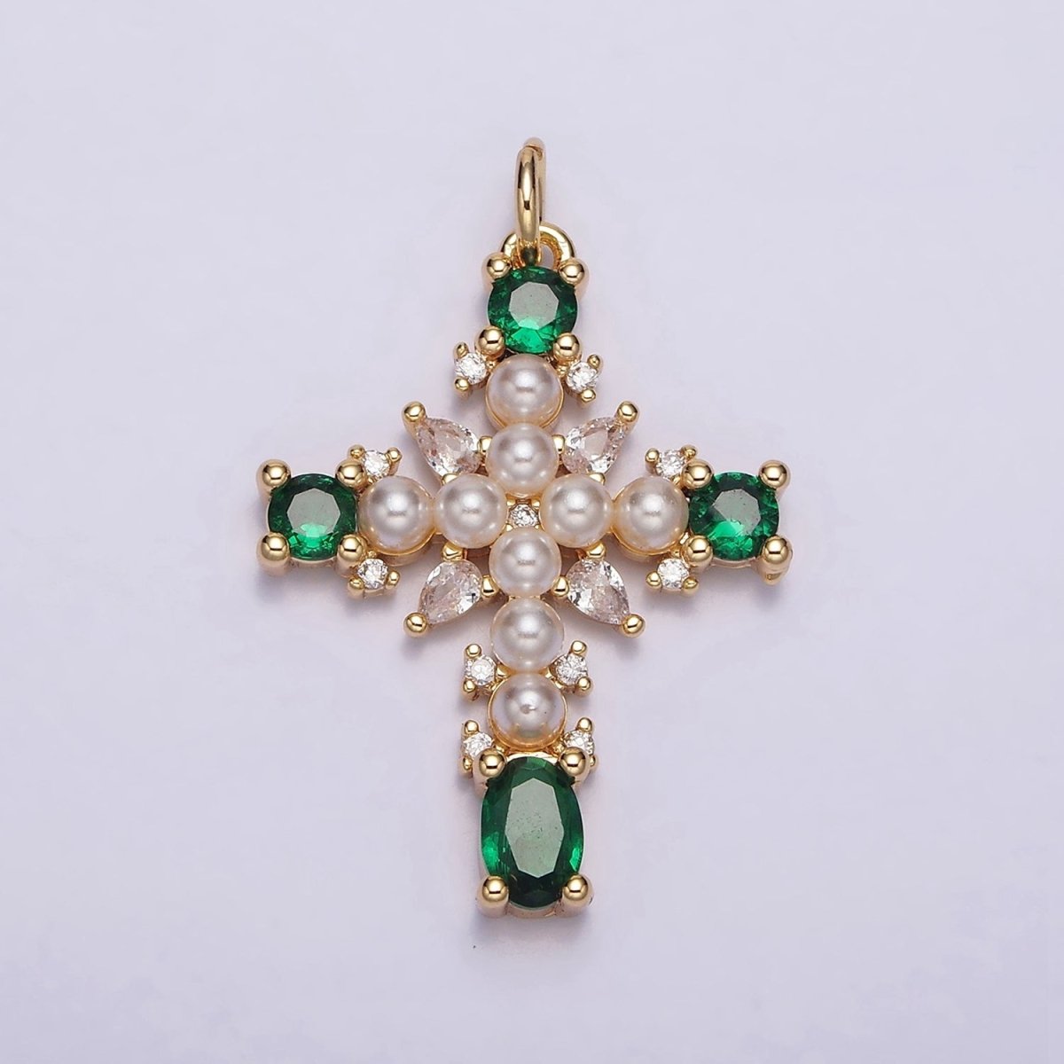 16K Gold plated Green, Clear CZ Pearl Teardrop Religious Cross Charm in Gold & Silver | AC1416 - AC1419
