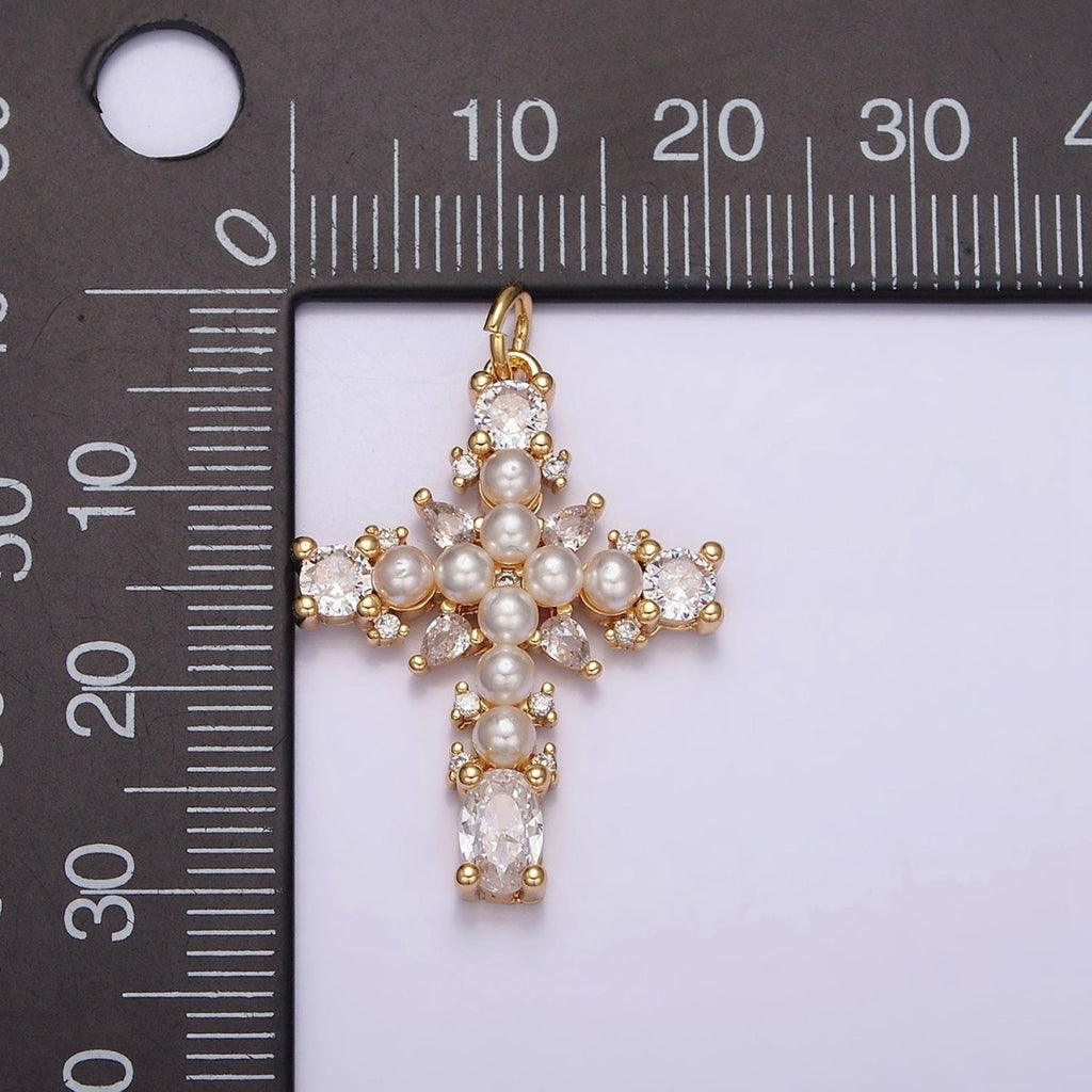 16K Gold plated Green, Clear CZ Pearl Teardrop Religious Cross Charm in Gold & Silver | AC1416 - AC1419