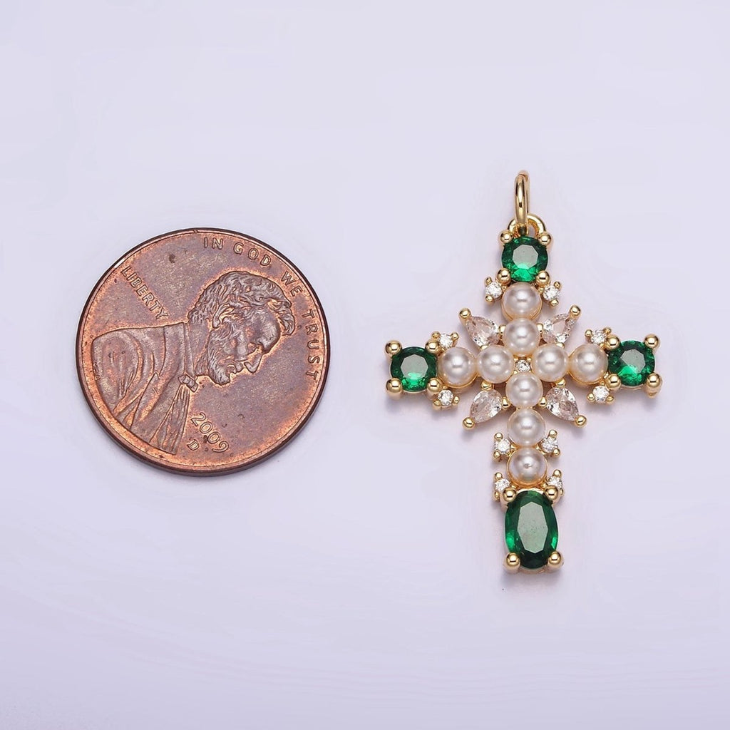 16K Gold plated Green, Clear CZ Pearl Teardrop Religious Cross Charm in Gold & Silver | AC1416 - AC1419