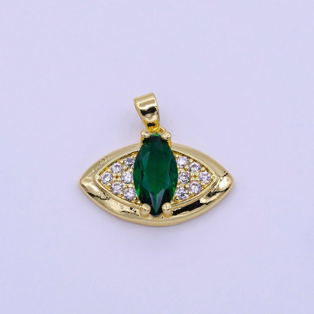 16K Gold plated Green, Clear Marquise Evil Eye Micro Paved CZ Pendant | AA415 AA416