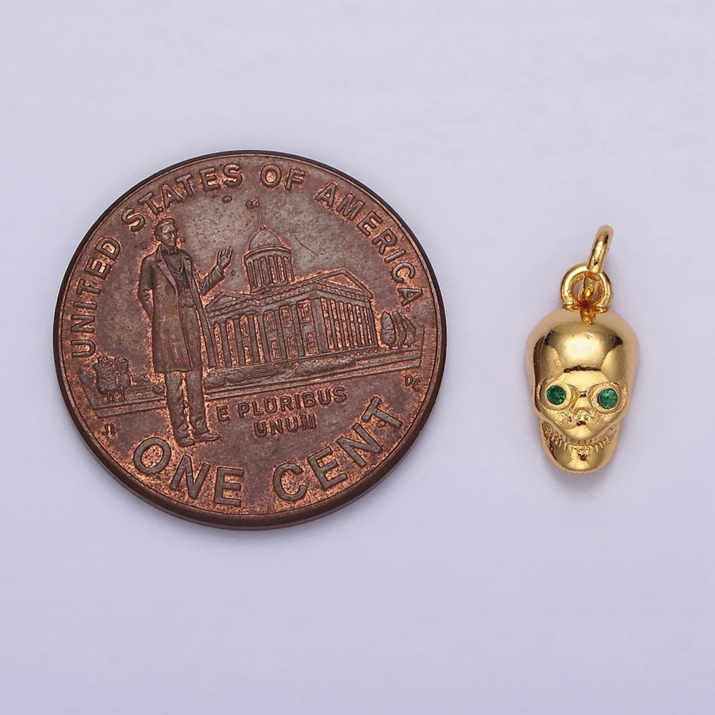16K Gold plated Green CZ Eyed Skeleton Skull Charm | AC850 - DLUXCA