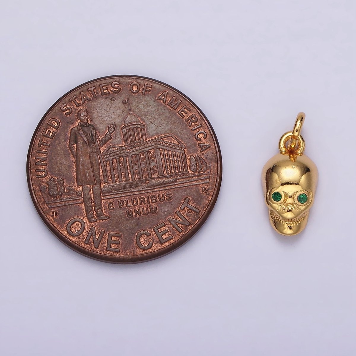 16K Gold plated Green CZ Eyed Skeleton Skull Charm | AC850 - DLUXCA