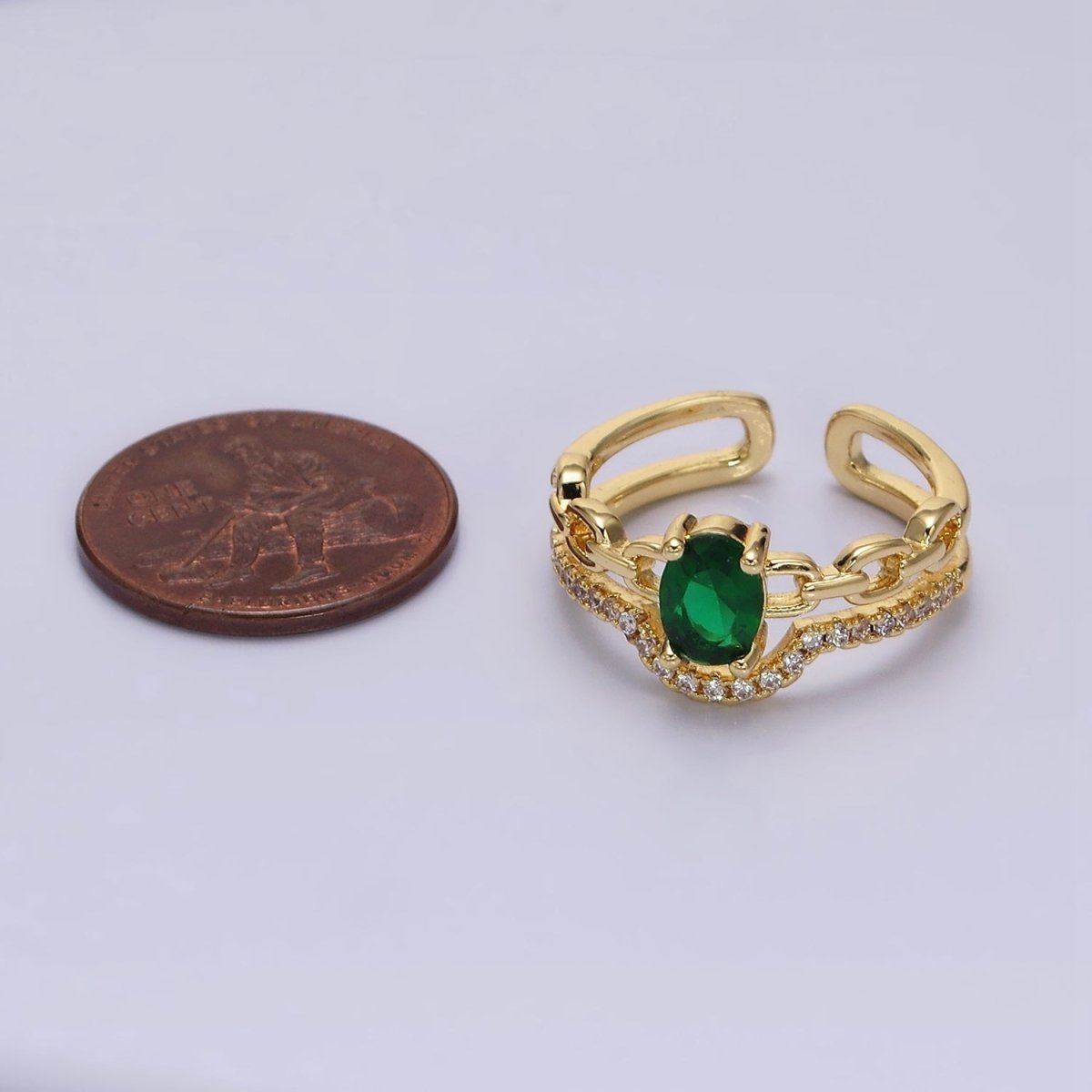 16K Gold plated Green CZ Oval Cable Link Micro Paved CZ Double Band Ring | O-009 - DLUXCA
