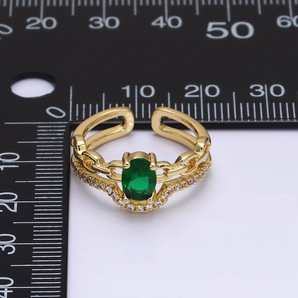 16K Gold plated Green CZ Oval Cable Link Micro Paved CZ Double Band Ring | O-009 - DLUXCA