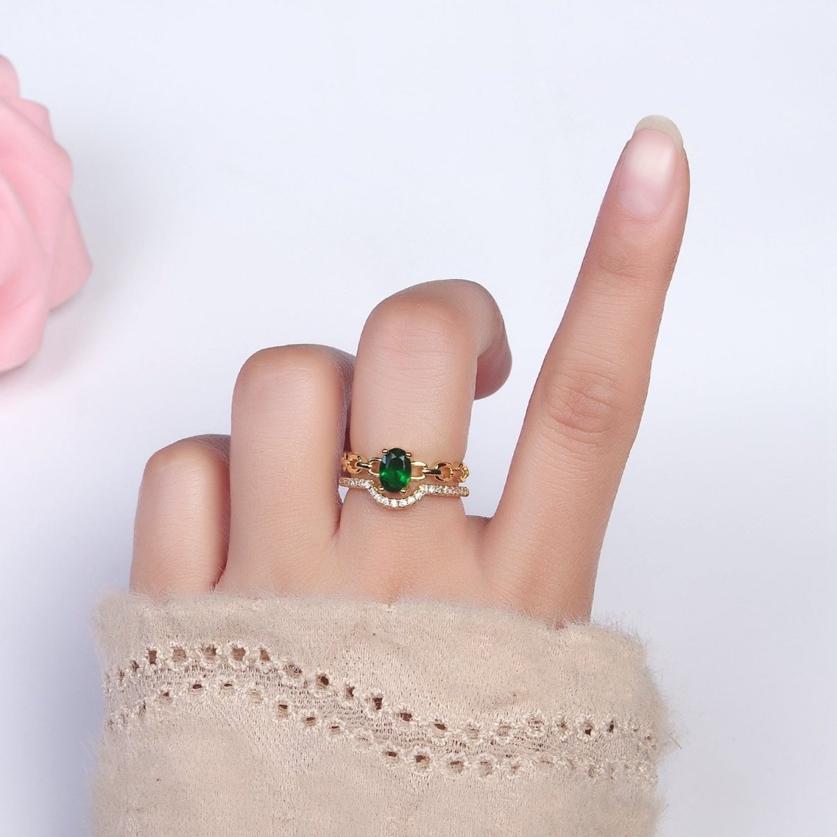 16K Gold plated Green CZ Oval Cable Link Micro Paved CZ Double Band Ring | O-009 - DLUXCA