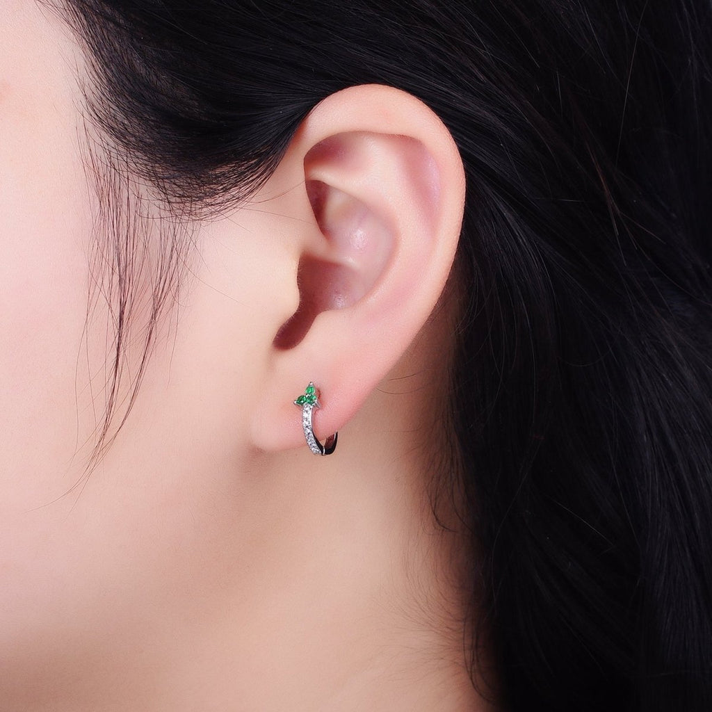 16K Gold plated Green CZ Triple Flower Arrow Lined 11mm Cartilage Huggie Earrings in Silver | AB658