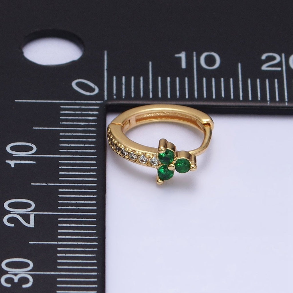16K Gold plated Green CZ Triple Flower Arrow Lined 11mm Cartilage Huggie Earrings in Silver | AB658