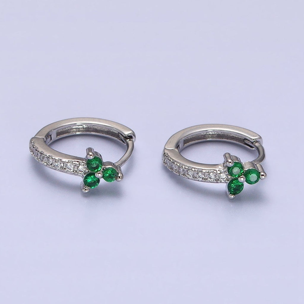 16K Gold plated Green CZ Triple Flower Arrow Lined 11mm Cartilage Huggie Earrings in Silver | AB658