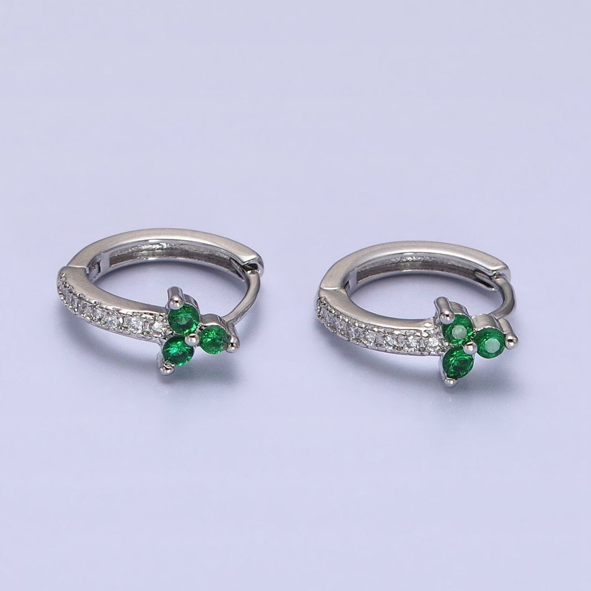 16K Gold plated Green CZ Triple Flower Arrow Lined 11mm Cartilage Huggie Earrings in Silver | AB658
