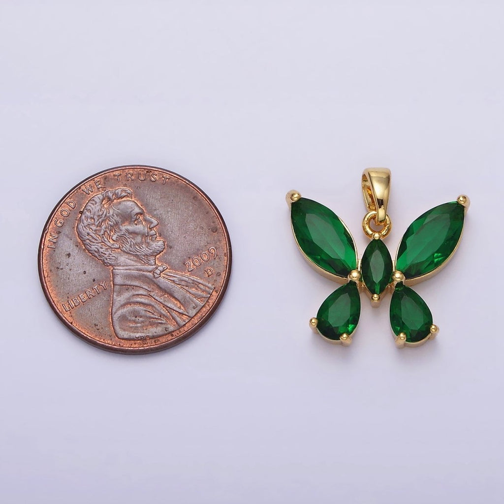 16K Gold plated Green Emerald CZ Butterfly Mariposa Pendant | AA535 - DLUXCA