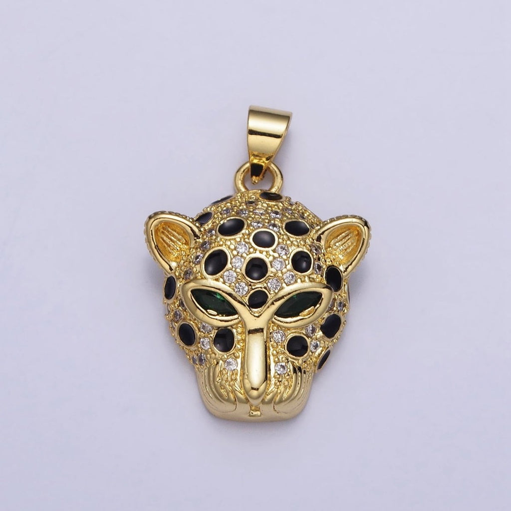 16K Gold plated Green-Eyed CZ Jaguar Cheetah Black Enamel Micro Paved CZ Animal Pendant | AA509 - DLUXCA