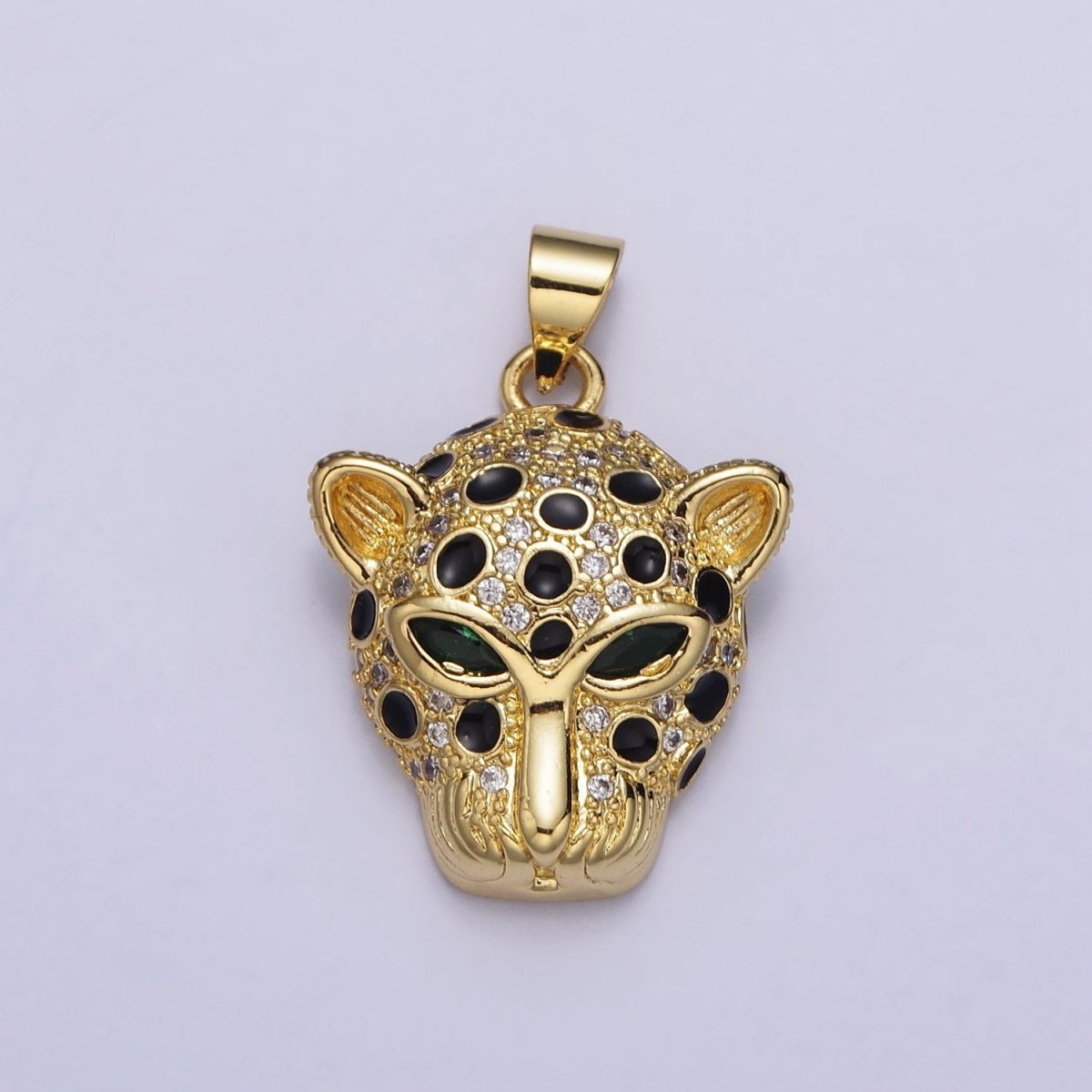 16K Gold plated Green-Eyed CZ Jaguar Cheetah Black Enamel Micro Paved CZ Animal Pendant | AA509 - DLUXCA