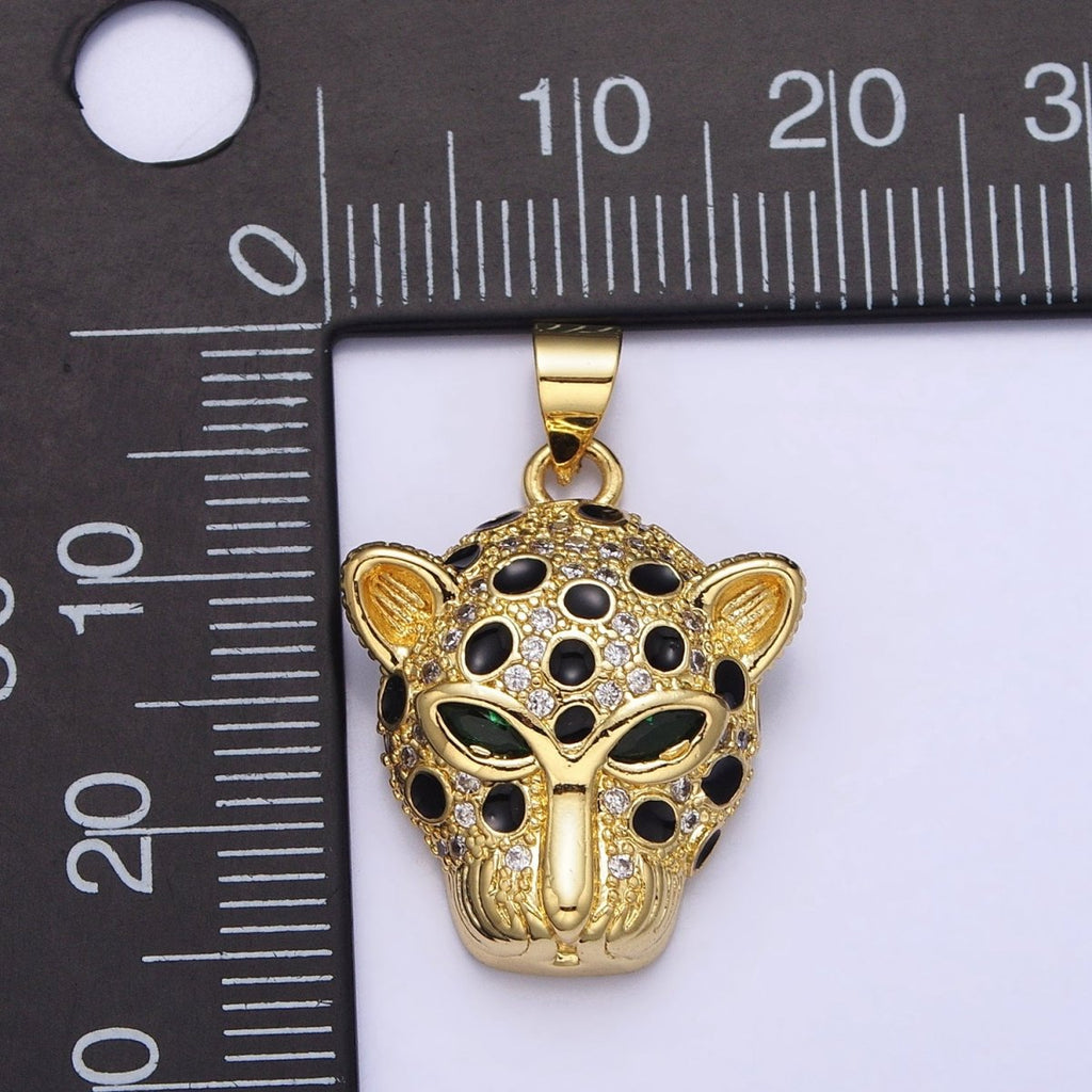 16K Gold plated Green-Eyed CZ Jaguar Cheetah Black Enamel Micro Paved CZ Animal Pendant | AA509 - DLUXCA