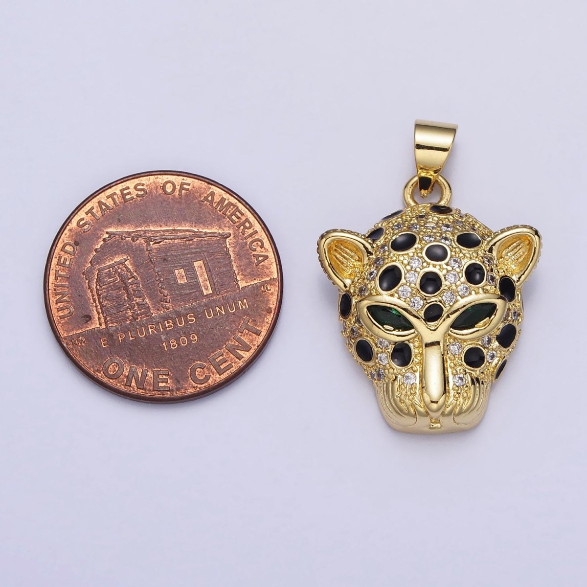 16K Gold plated Green-Eyed CZ Jaguar Cheetah Black Enamel Micro Paved CZ Animal Pendant | AA509 - DLUXCA