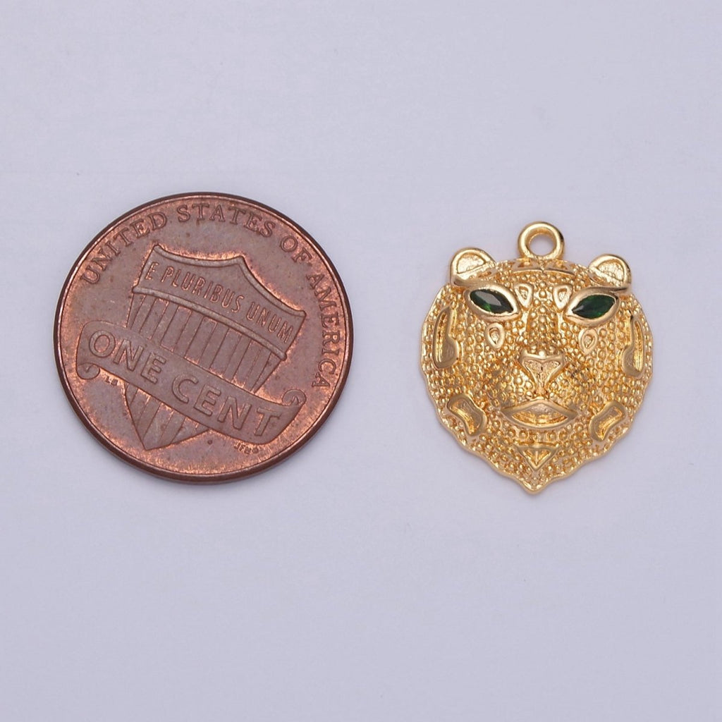 16K Gold plated Green-Eyed Leopard Head Textured Animal Charm E-780 - DLUXCA