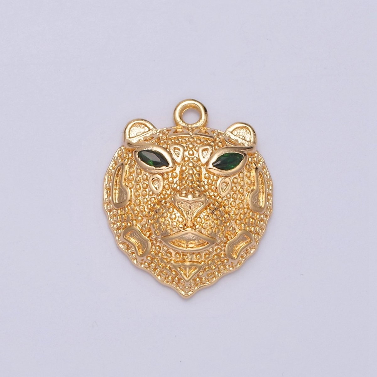 16K Gold plated Green-Eyed Leopard Head Textured Animal Charm E-780 - DLUXCA