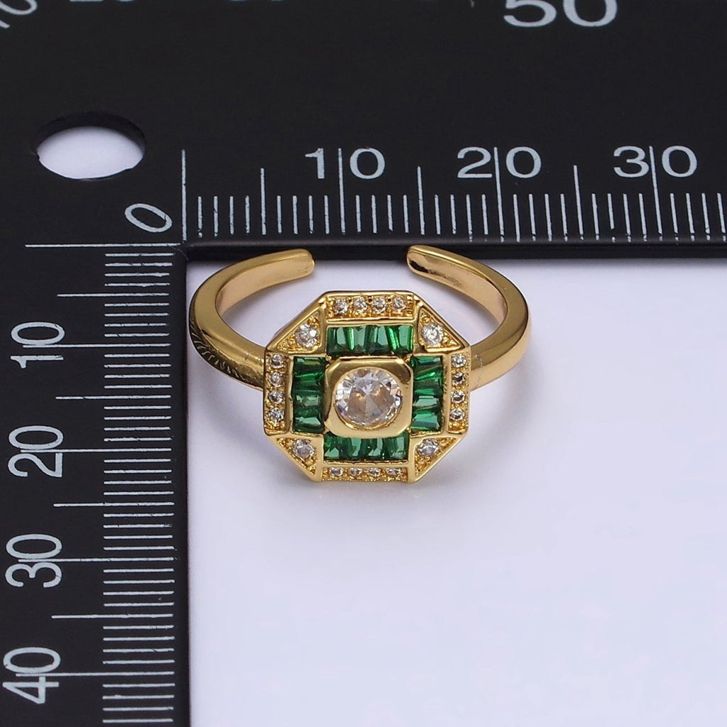 16K Gold plated Green, Fuchsia CZ Baguette Micro Paved Hexagonal Ring in Gold & Silver | O-1589 O-1590 O-1591 O-1592