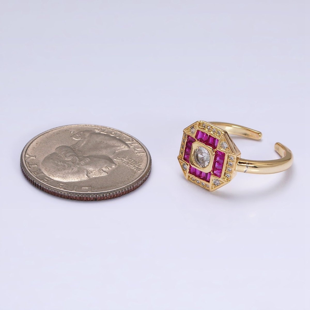 16K Gold plated Green, Fuchsia CZ Baguette Micro Paved Hexagonal Ring in Gold & Silver | O-1589 O-1590 O-1591 O-1592