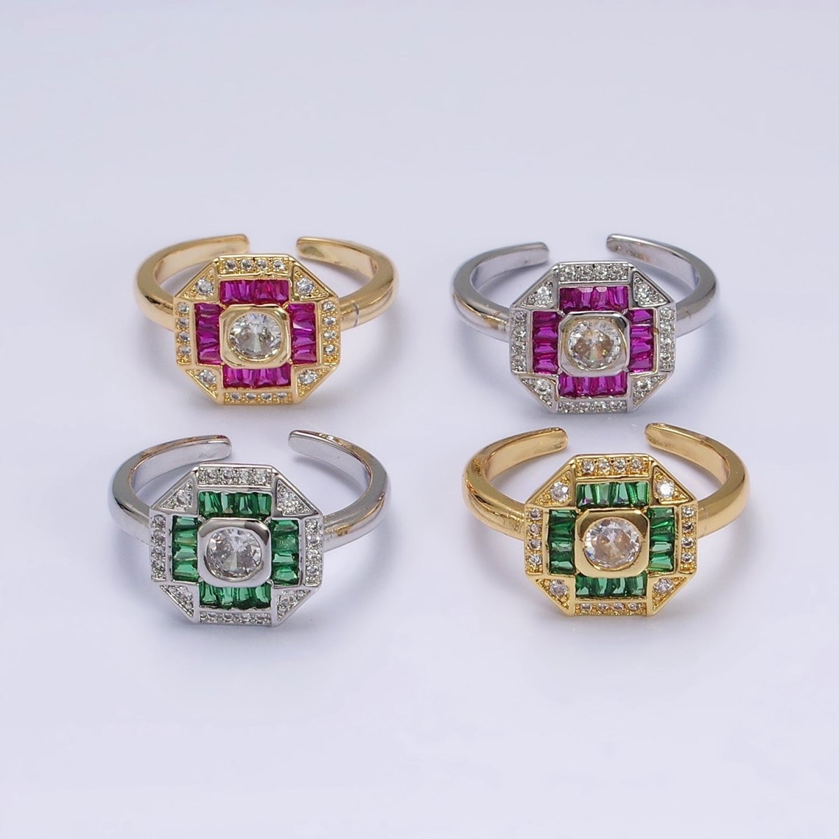 16K Gold plated Green, Fuchsia CZ Baguette Micro Paved Hexagonal Ring in Gold & Silver | O-1589 O-1590 O-1591 O-1592