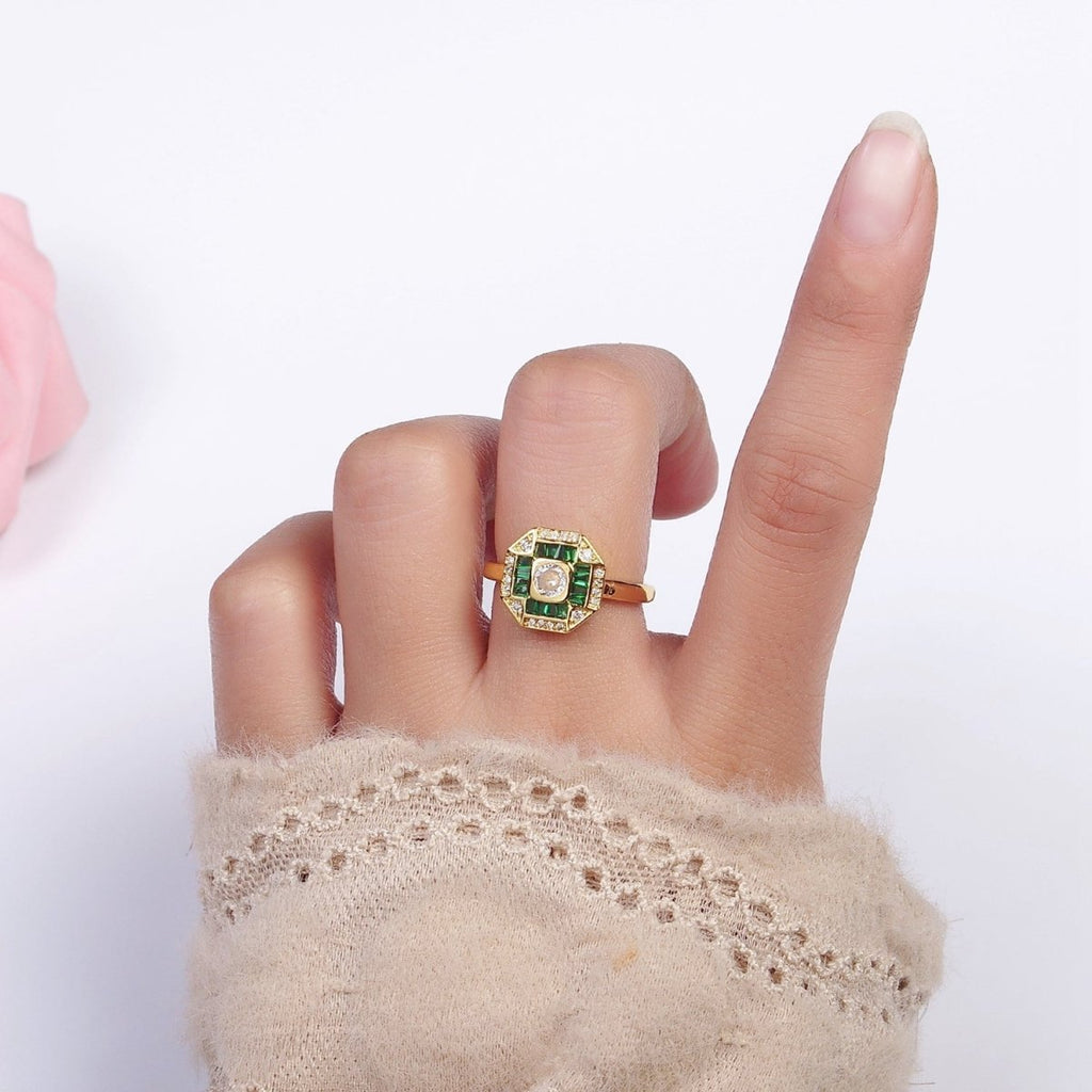 16K Gold plated Green, Fuchsia CZ Baguette Micro Paved Hexagonal Ring in Gold & Silver | O-1589 O-1590 O-1591 O-1592
