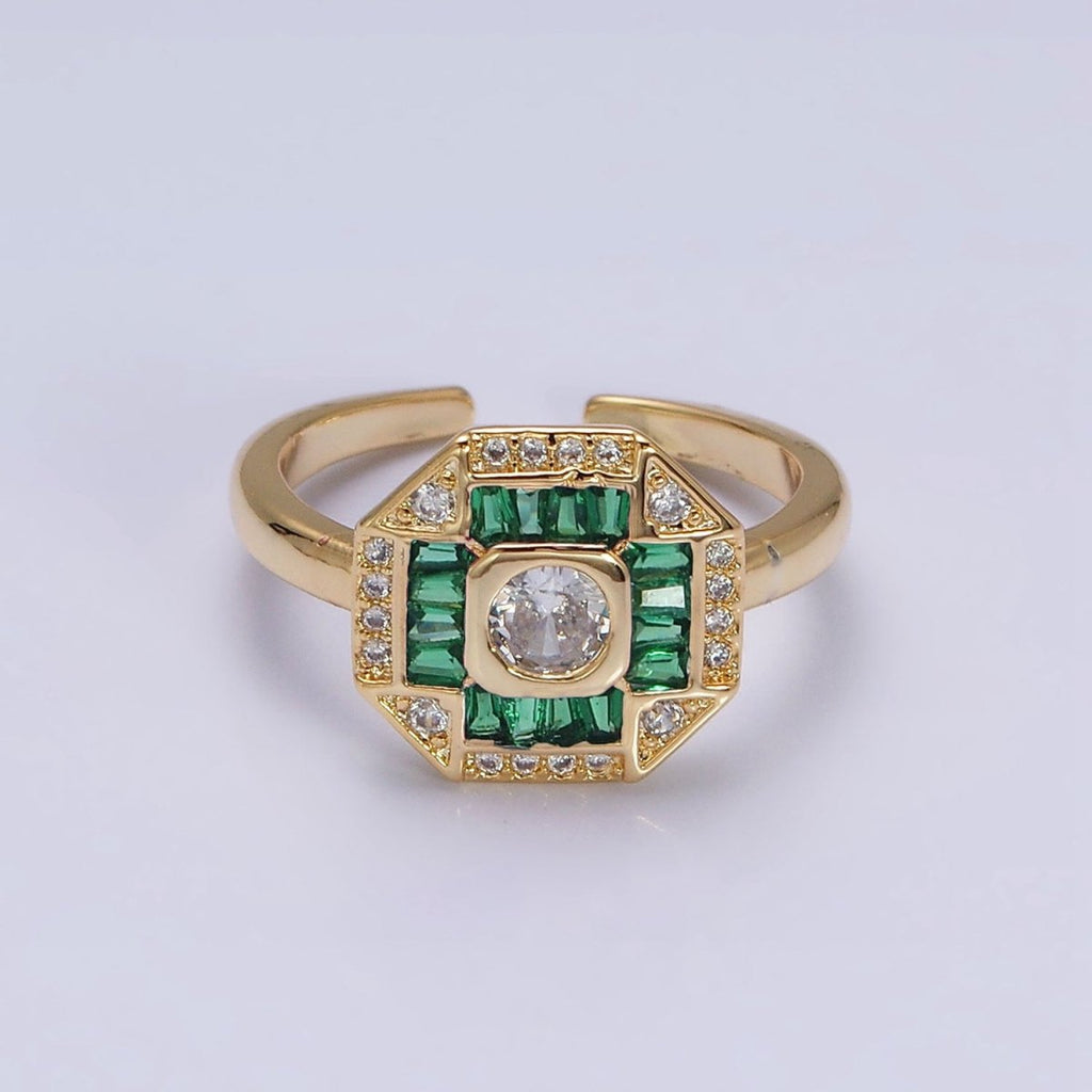 16K Gold plated Green, Fuchsia CZ Baguette Micro Paved Hexagonal Ring in Gold & Silver | O-1589 O-1590 O-1591 O-1592