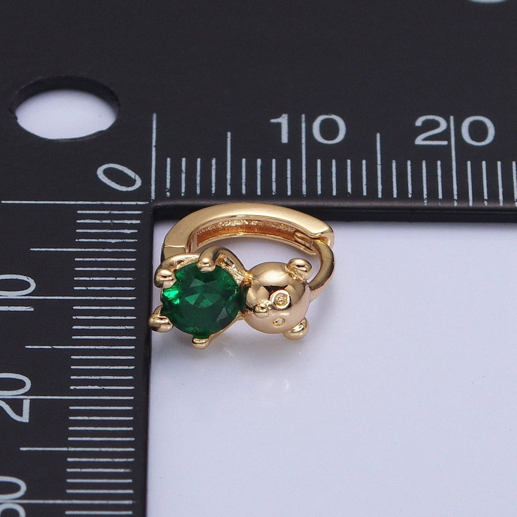 16K Gold plated Green Round CZ Teddy Bear Animal 11mm Cartilage Huggie Earrings in Silver & Gold | AB650 AD1296
