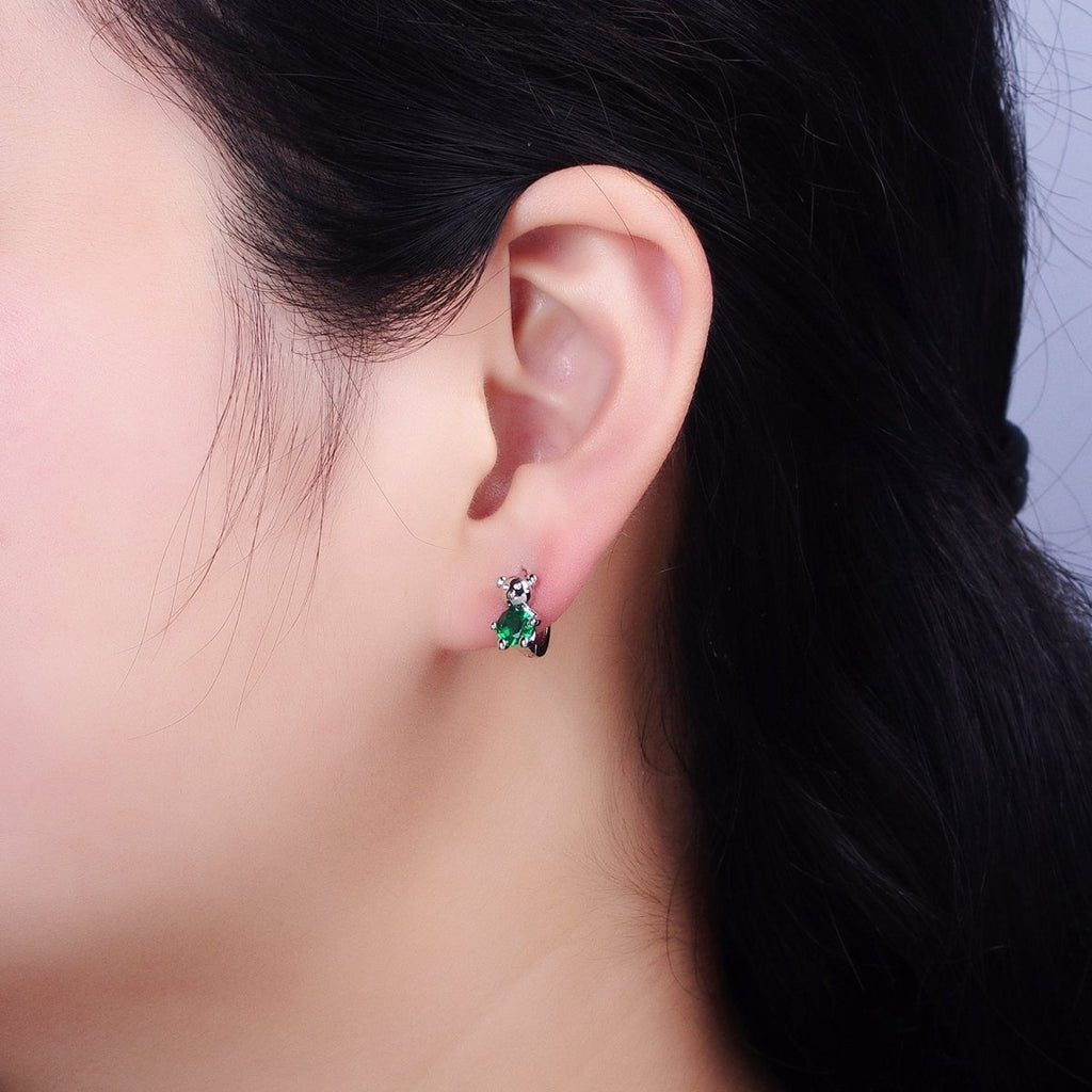 16K Gold plated Green Round CZ Teddy Bear Animal 11mm Cartilage Huggie Earrings in Silver & Gold | AB650 AD1296