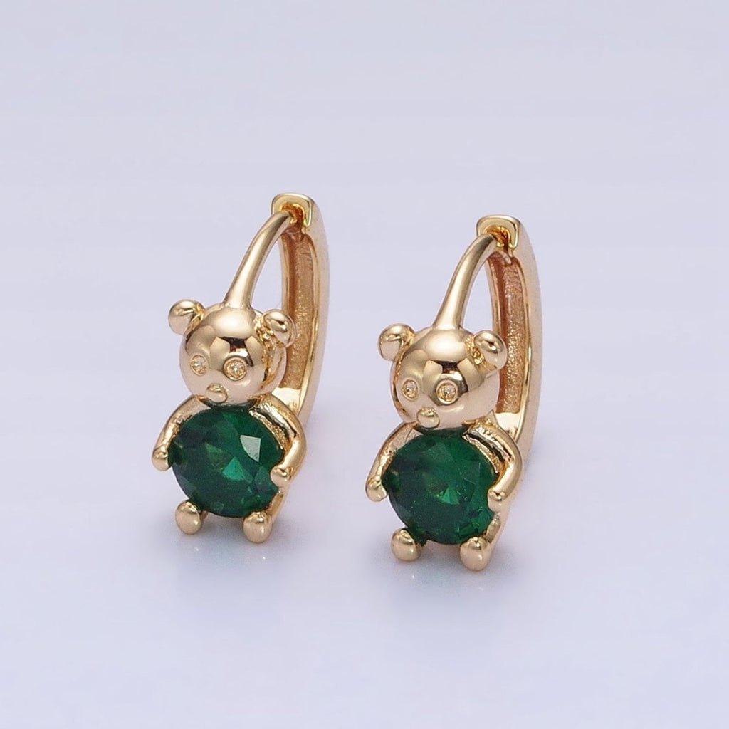 16K Gold plated Green Round CZ Teddy Bear Animal 11mm Cartilage Huggie Earrings in Silver & Gold | AB650 AD1296