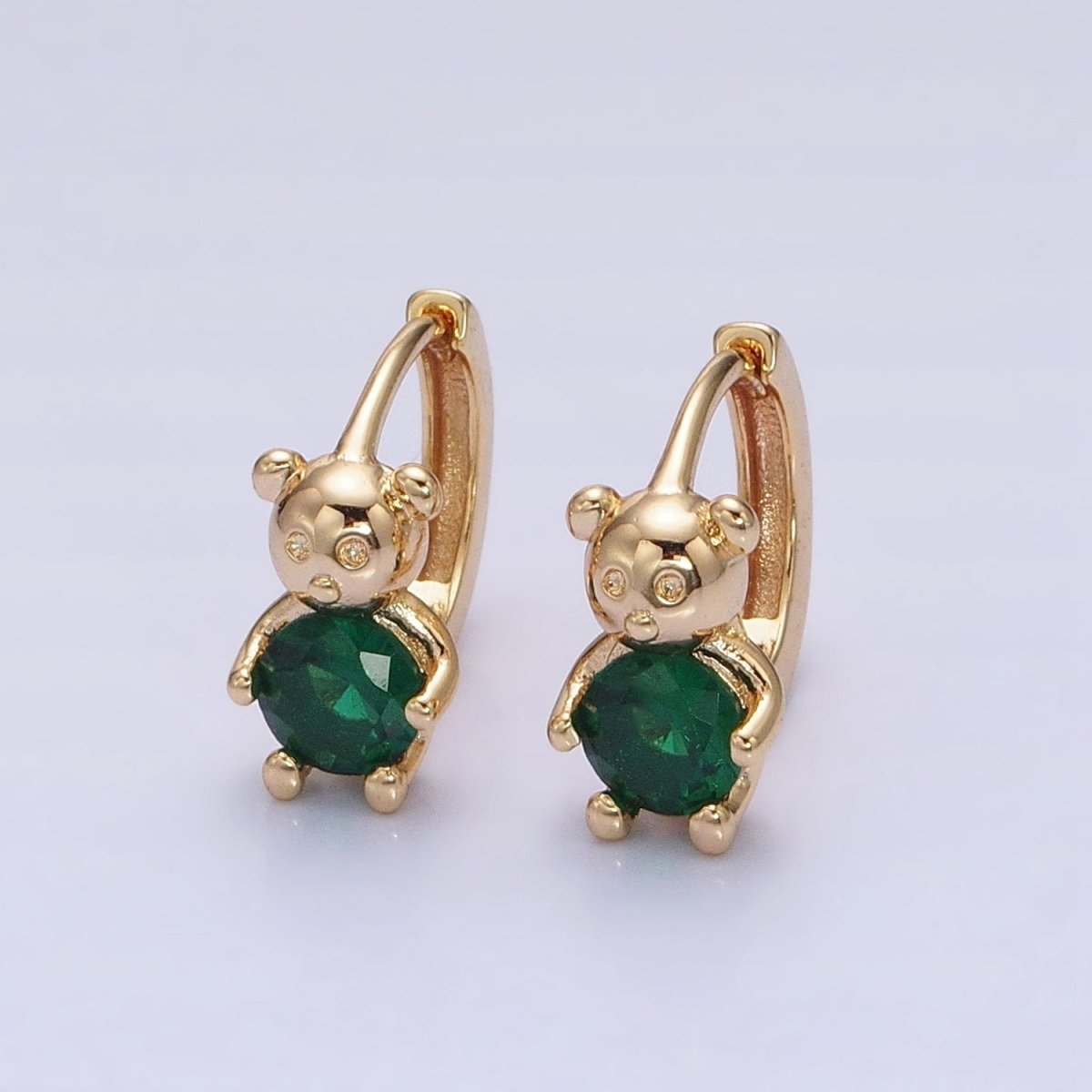 16K Gold plated Green Round CZ Teddy Bear Animal 11mm Cartilage Huggie Earrings in Silver & Gold | AB650 AD1296