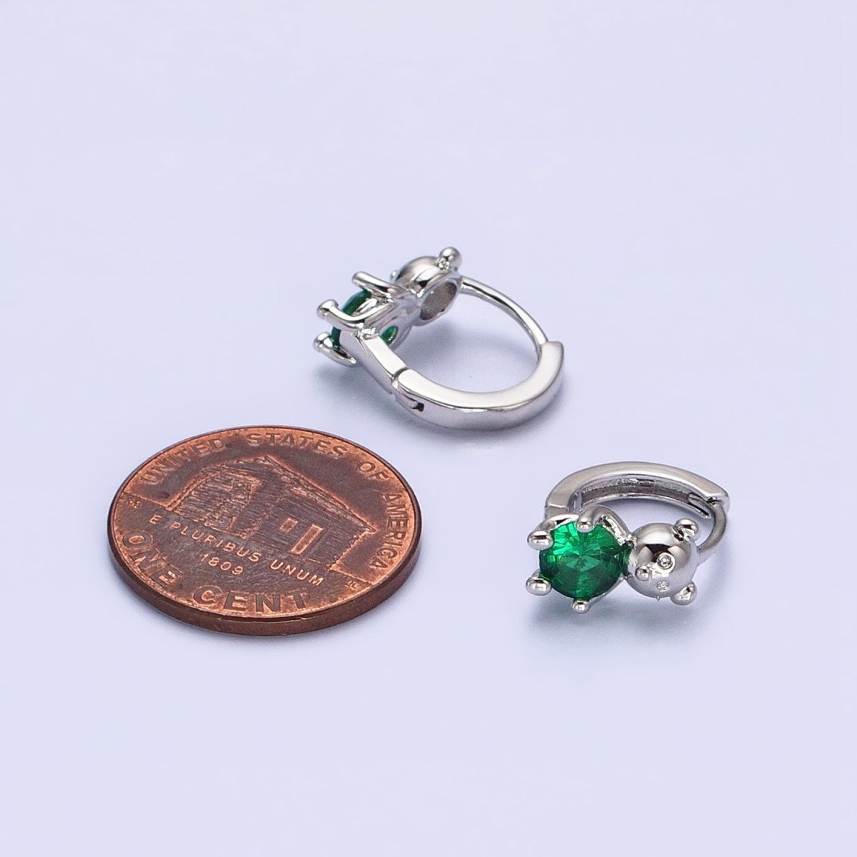 16K Gold plated Green Round CZ Teddy Bear Animal 11mm Cartilage Huggie Earrings in Silver & Gold | AB650 AD1296