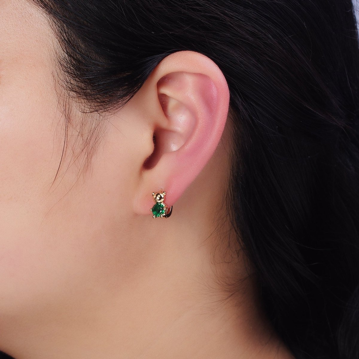 16K Gold plated Green Round CZ Teddy Bear Animal 11mm Cartilage Huggie Earrings in Silver & Gold | AB650 AD1296