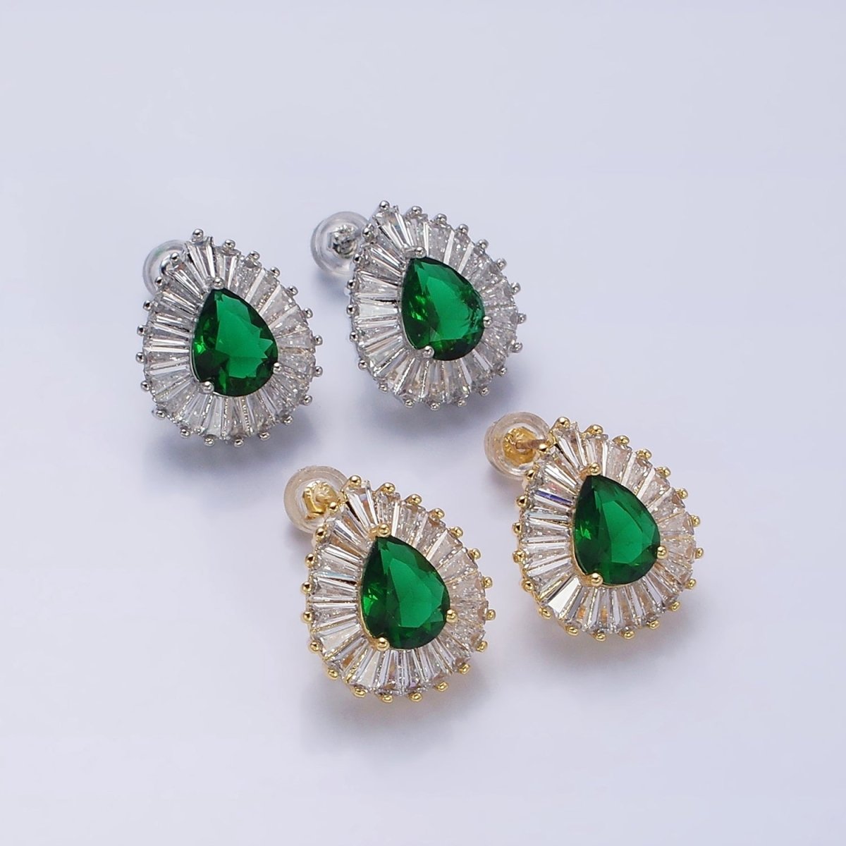 16K Gold plated Green Teardrop CZ Baguette Stud Earrings in Gold & Silver | AD1084 AD1085